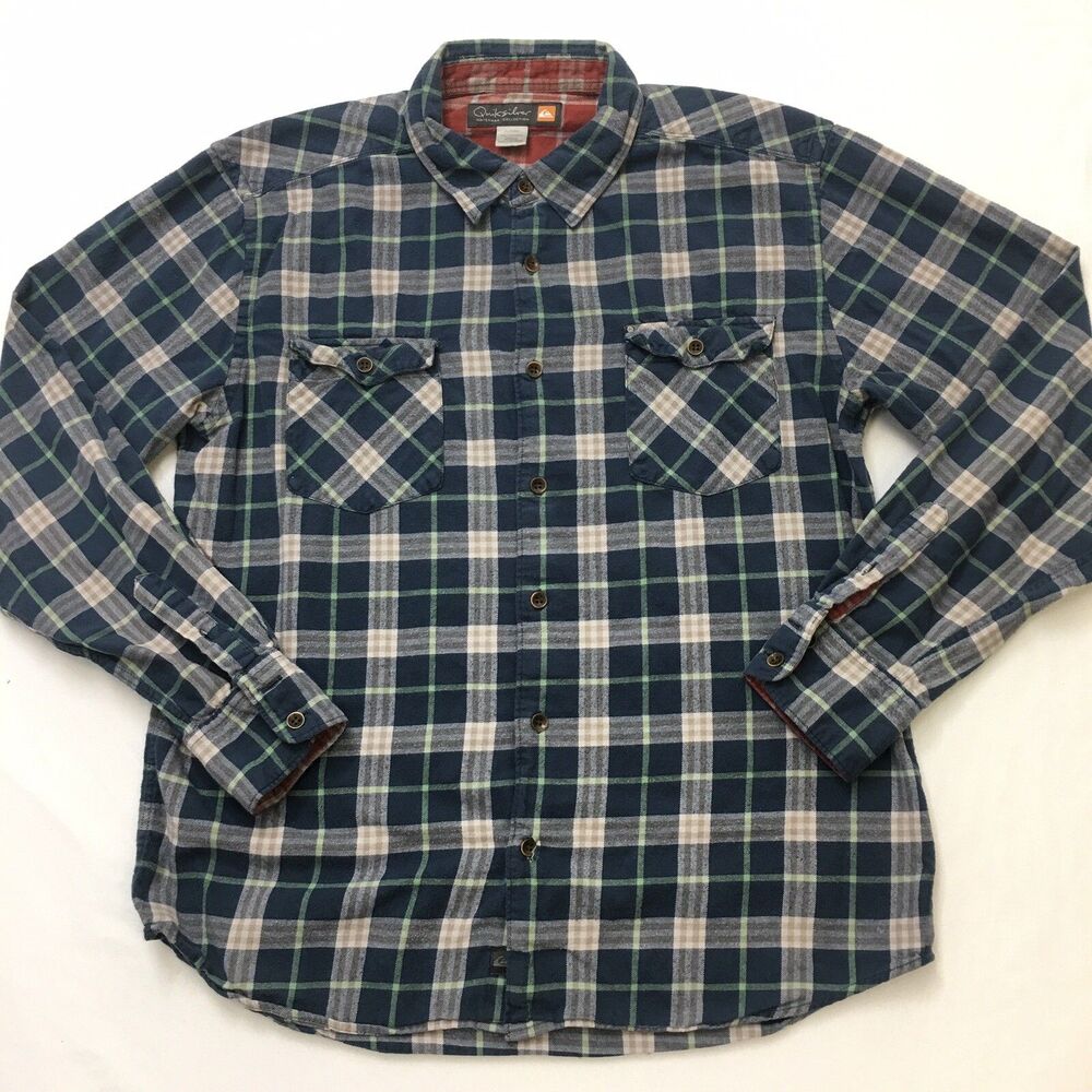 QUIKSILVER Waterman Flannel Shirt Men's XL Blue Neon Green Surfer Skate Grunge